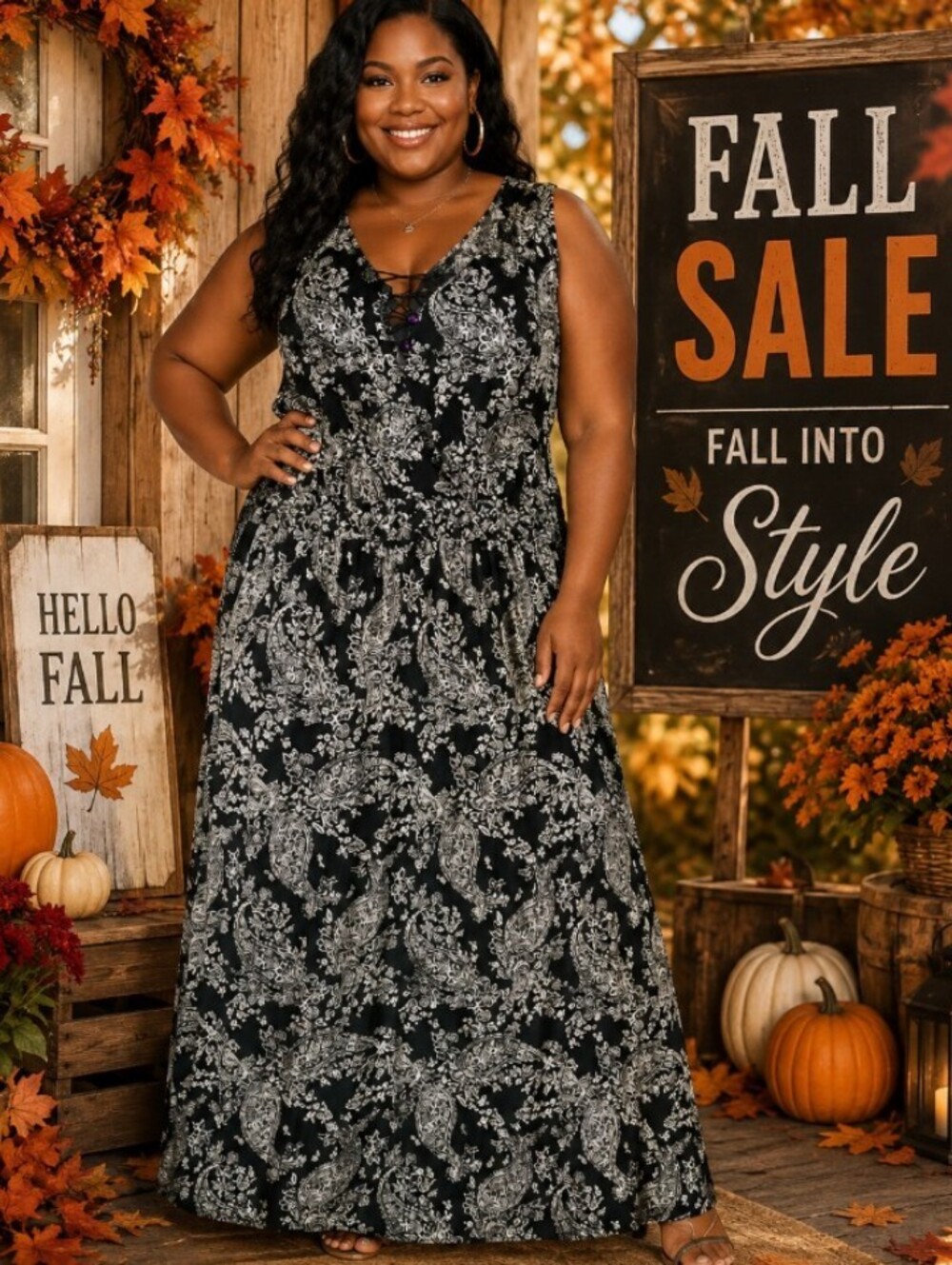 Ronni Nicole Black Maxi Dress with White Floral V-Neck Size XL